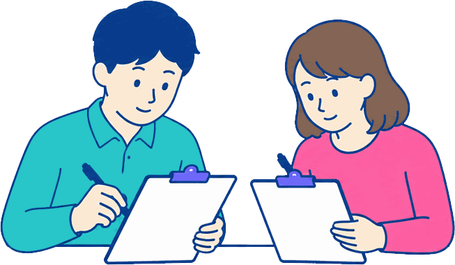 クリップボードにアンケートを記入する2人の社員のイラスト