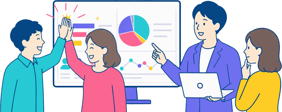 結果発表のグラフを前にハイタッチする社員たちのイラスト