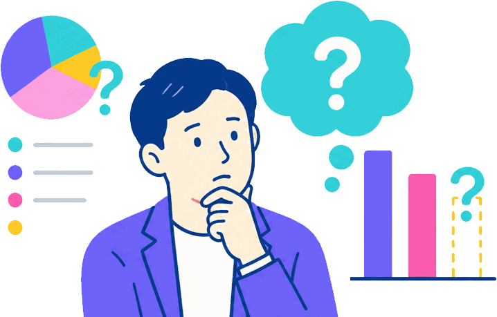 円グラフや棒グラフを前に考え込む担当者のイラスト