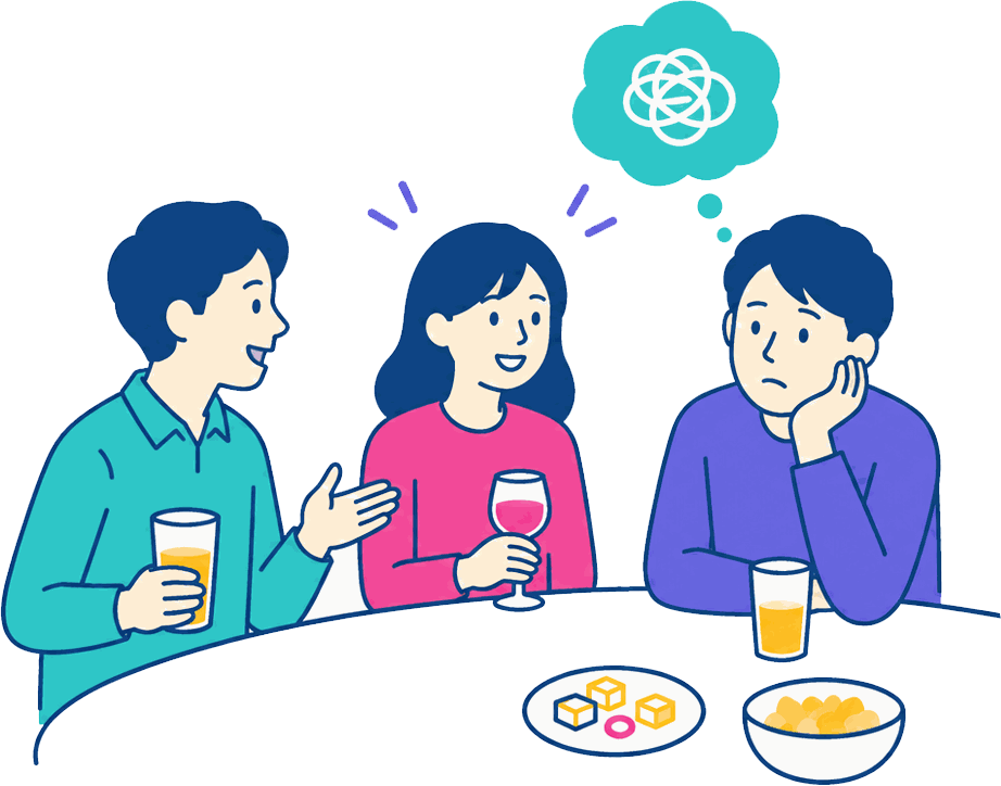 グラスを片手に談笑する社員と、輪に入れずにいる社員のイラスト
