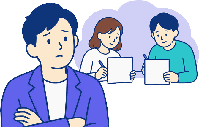 アンケート用紙を持つ社員と腕を組んで悩む担当者のイラスト