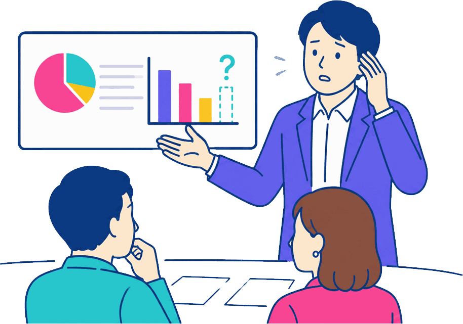 モニターのグラフを指して説明に困る担当者のイラスト